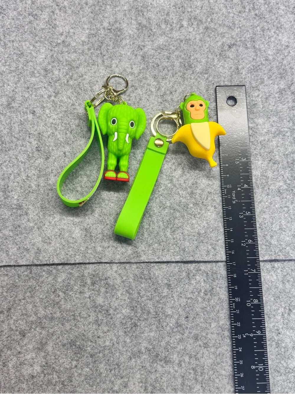 Bright Green Elephant & Monkey Keychain Pair with Logo Strap